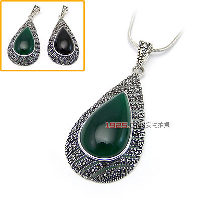 泰银镶嵌玛瑙水滴银坠(颜色随机)|韩国饰品批发|银饰批发|银饰品