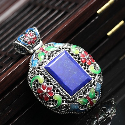 纳福阁银饰批发 泰国珐琅掐丝工艺 925纯银镶天然青金石泰银吊坠 图片_高清大图 