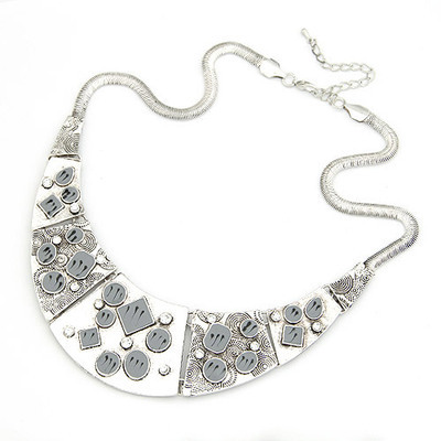 欧美时尚复古质感拼接几何纹短款项链 韩国银饰批发优选