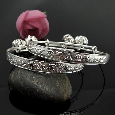 纯银龙凤小花小孩手镯 6mm时尚银饰批发精选